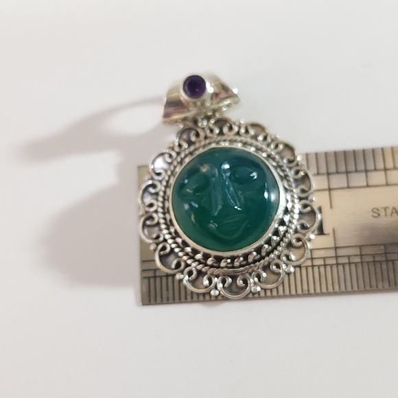 Green Onyx Carved Face Pendant with Amethyst Accent in Sterling Silver - Picture 9 of 13